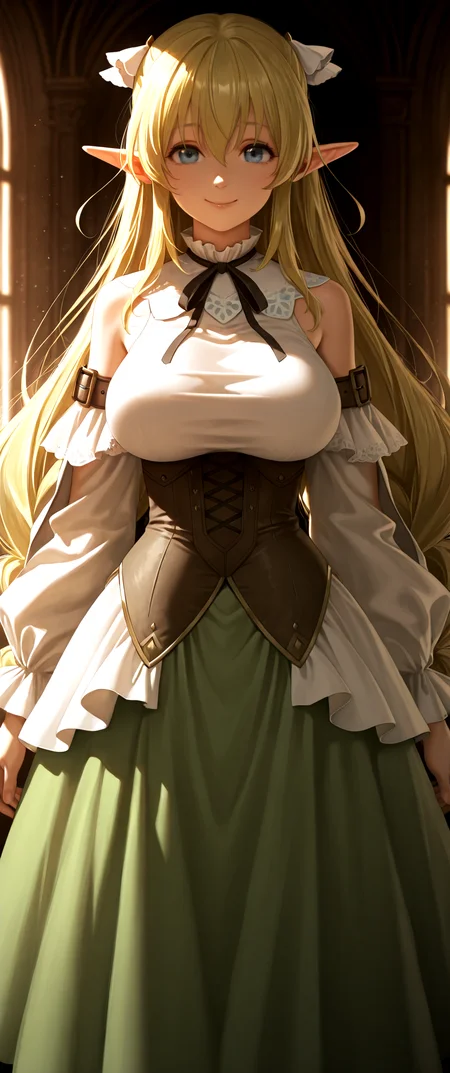 masterpiece, best quality, amazing quality, ultra-detailed, absurdres, highly detailed, cinematic lighting, realistic shading, intricate details, soft lighting, high contrast, depth of field, <lora:LyruleIllustV3-000005:0.99>  lilulu_(choyoyu), std_outfit black_ribbon brown_corset detached_sleeves green_skirt, smile