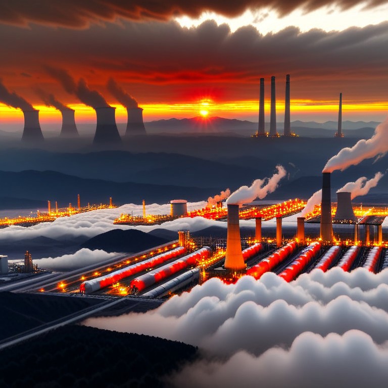 a dense layer of gray clouds illuminated in red from above, a small golden sun, light gray mountains in the distance on the horizon among which power plants can be seen, closer gray mountains on the horizon among which power plants can be seen, black mountains on the horizon among which power plants can be seen,