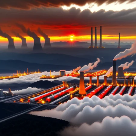 a dense layer of gray clouds illuminated in red from above, a small golden sun, light gray mountains in the distance on the horizon among which power plants can be seen, closer gray mountains on the horizon among which power plants can be seen, black mountains on the horizon among which power plants can be seen,