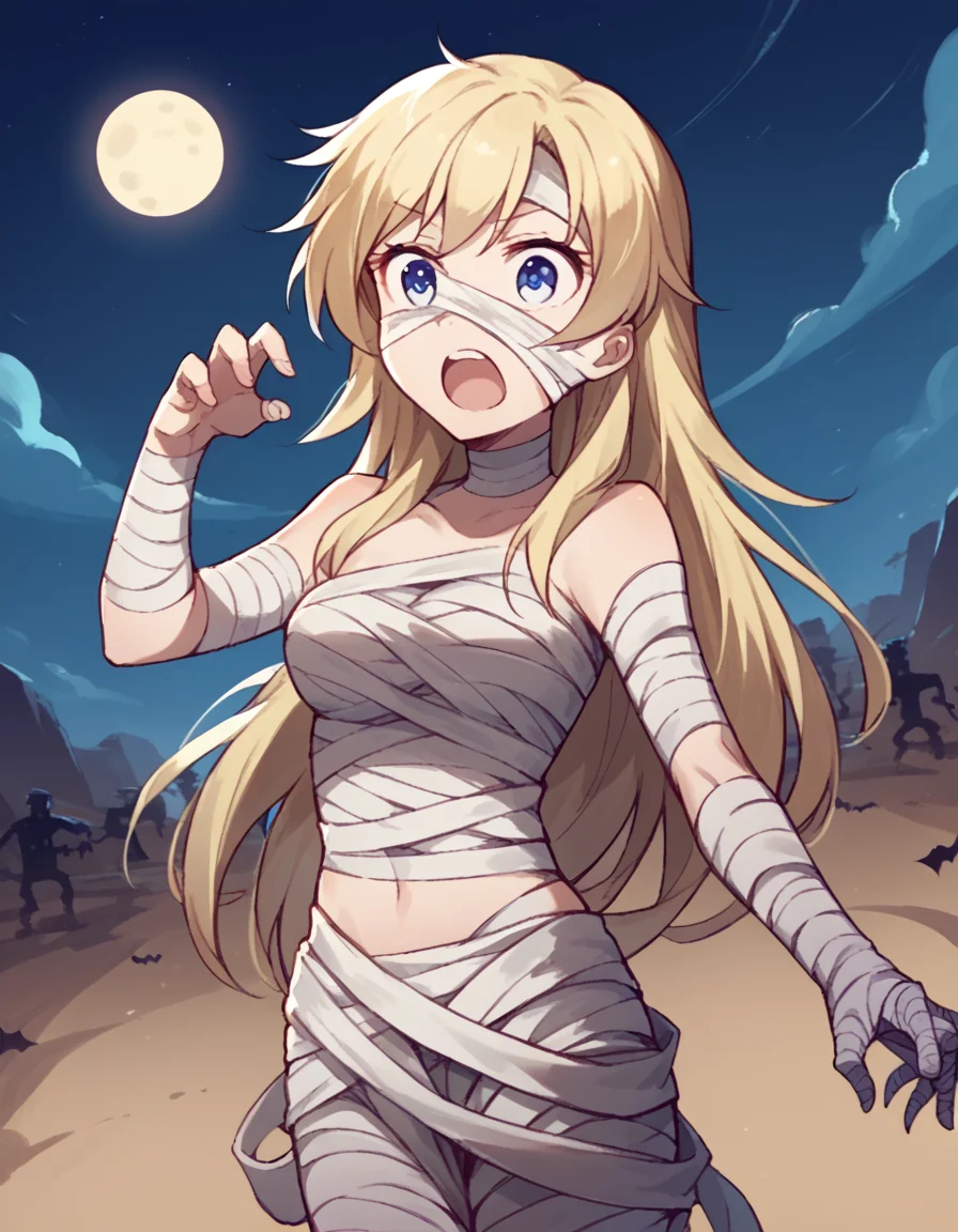 score_9, score_8_up, score_7_up, source_anime, <lora:kou-yagami-s2-ponyxl-lora-nochekaiser:1>, kou yagami, long hair, blue eyes, blonde hair, medium breasts,, <lora:mummy-costume-ponyxl-lora-nochekaiser:1>, mummy costume, bandages, halloween costume, bandaged arm, zombie pose, bandage on face,, desert, moon, night, open mouth, , dutch angle, cowboy shot