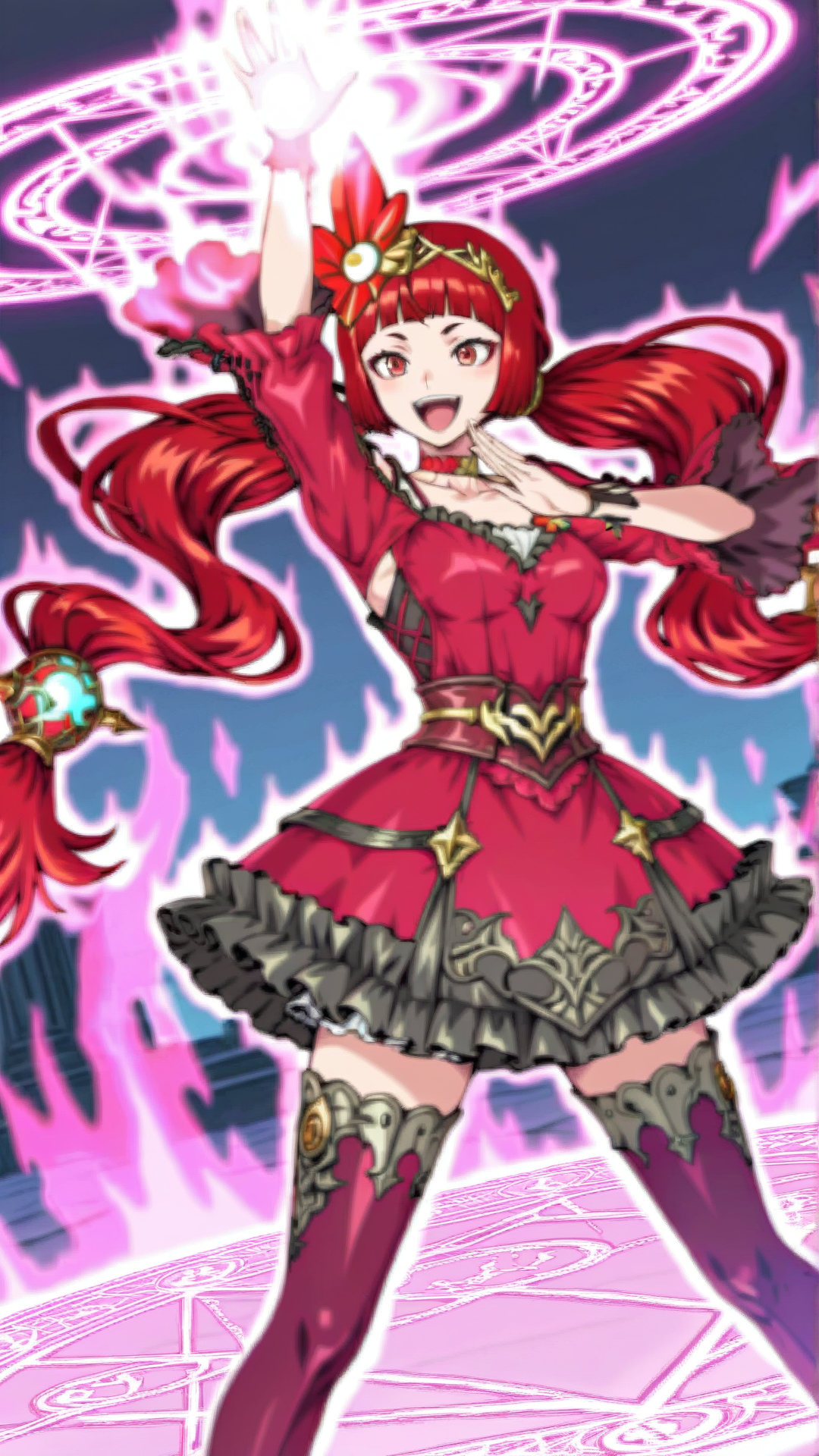 source_anime, general, best quality, masterpiece, 1girl,  <lora:Macba_ill_v1.0:1> macba\(scarlet grace\),red hair, long hair, red eyes,twintails,dress, thighhighs, skirt, choker, zettai ryouiki, frills, hair ornament, frilled skirt, blunt bangs,dynamic pose, dutch angle, laughing, magic circle, aura,