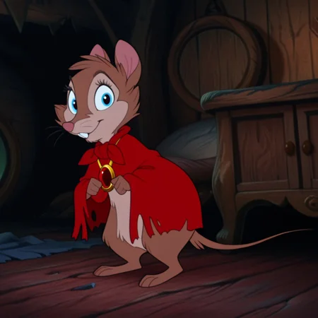 masterpiece, best quality, amazing quality, BrisbyNIMHIL, semi-anthro, female-mouse, brown fur, blue eyes, whiskers, buck teeth, red cloak, torn clothes, inside, standing, necklace, gold pendant red gem, smile, looking at viewer, full body