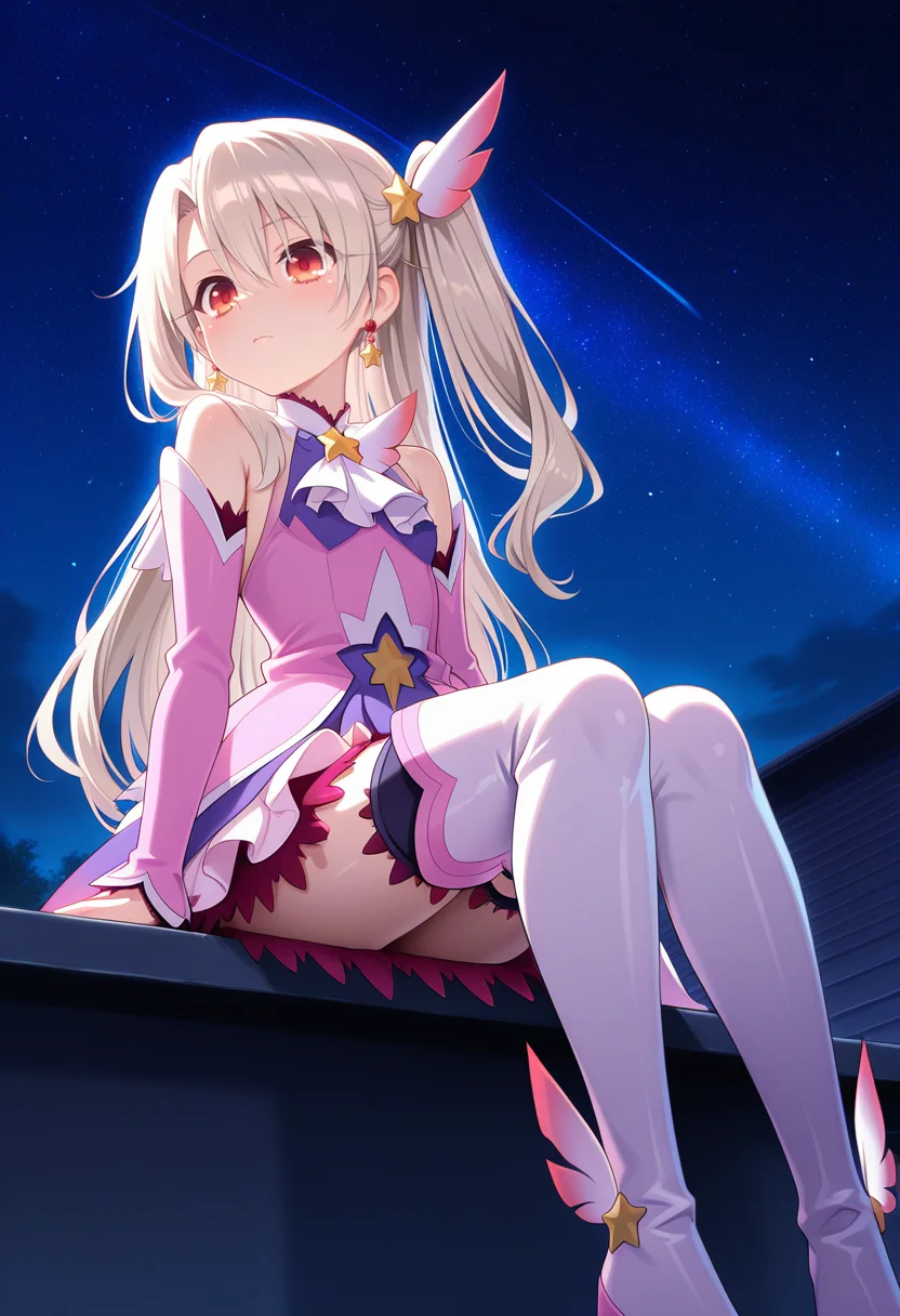 <lora:prisma_illya_zwei_form.v2:1>,illyasviel von einzbern,prisma illya,magical girl,hair ornament,red eyes,detached sleeves,star \(symbol\),earrings,jewelry,dress,one side up,skirt,pink sleeves,layered skirt,thighhighs,thigh boots,
night,sit,roof,low angle,
masterpiece,best quality,amazing quality,