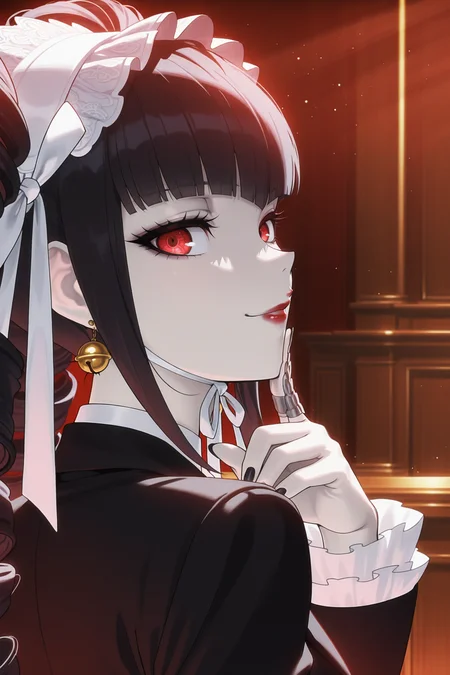 anime screencap, masterpiece, best quality, amazing quality, very aesthetic, absurdres,  newest, (scenery, volumetric lighting),
celestia ludenberg, 1girl, solo, long hair, looking at viewer, smile, bangs, simple background, black hair, red eyes, twintails, jewelry, black jacket, bell earrings, frills, nail polish, drill hair, lipstick, pale skin, black nails, twin drills, red hue, gothic fashion, red lips, bonnet, claw ring, looking back, touching chin, portrait, dappled sunlight, light particles, courtroom, mosaic pattern, 
<lora:Celestia_IL:0.8>