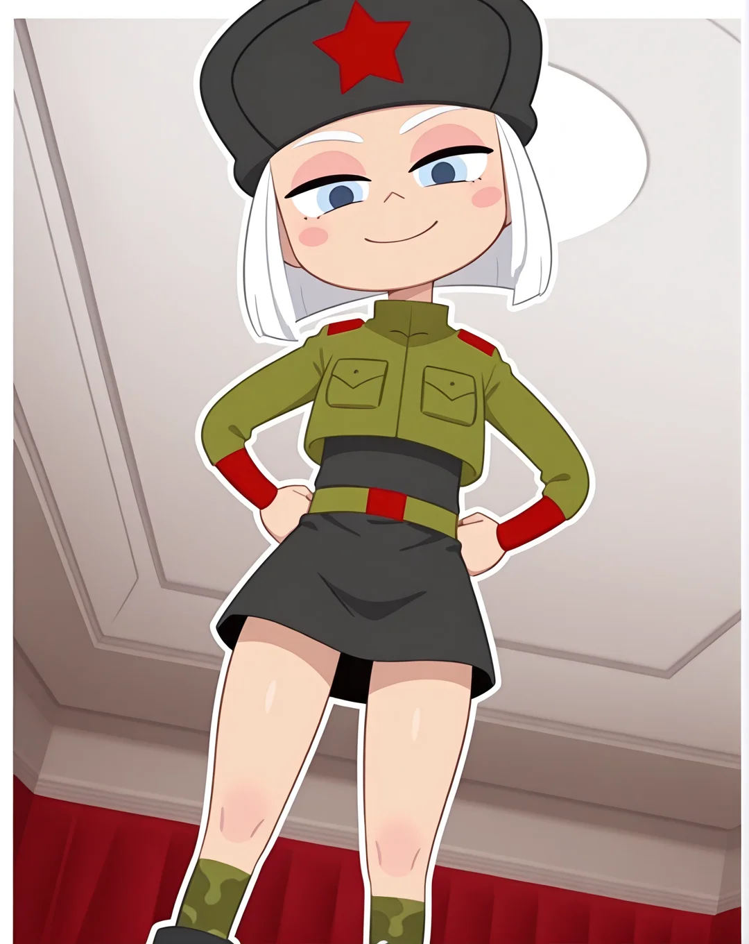 Vera, 1girl, solo, pale blue eyes, short hair, white hair, pink cheeks, earflap hat, green military jacket, dark gray dress, belt, camo stockings, grey boots, (big thighs), dark room,pov,from below (smile, dutch angle, Hands on hips,naughty pose, looking at viewer, indoors, elegant room, solo, dynamic pose, full_body, head tilt,),((white background, White frame, white outline))