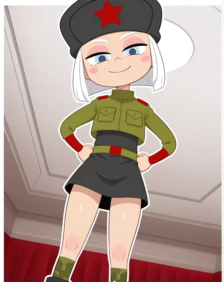 Vera, 1girl, solo, pale blue eyes, short hair, white hair, pink cheeks, earflap hat, green military jacket, dark gray dress, belt, camo stockings, grey boots, (big thighs), dark room,pov,from below (smile, dutch angle, Hands on hips,naughty pose, looking at viewer, indoors, elegant room, solo, dynamic pose, full_body, head tilt,),((white background, White frame, white outline))