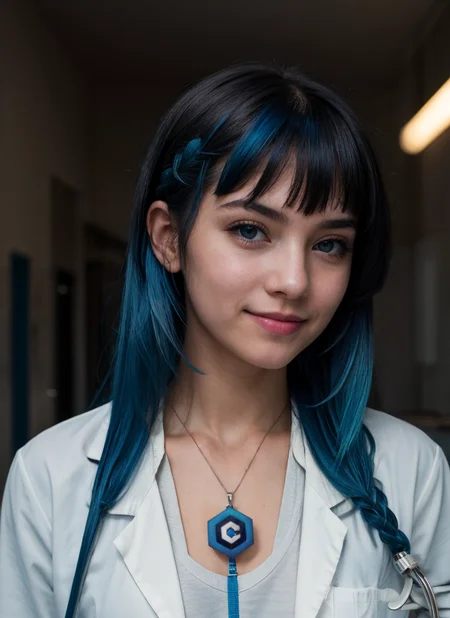 portrait, 1girl, civitai-chan, smile, looking at viewer, braided bangs, (blue hair), blue eyes, labcoat, necklace, lab background, indoor lighting,  <lora:gijinkaseries_civitai:0.8>