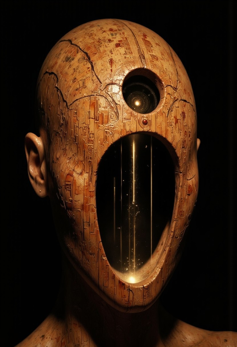 An ultra close-up portrait of an Ancient Egyptian deity, showing just over half of the face, framed asymmetrically from the left. The head is tilted slightly upward, creating an intimate, mystical perspective. The head is a hollow, featureless piece of carved wood, shaped into a smooth, rounded form without facial features. Only the left half of the wooden head is visible, showing the rich texture of polished wood with faint carved patterns resembling ancient hieroglyphs. In the center of the forehead, there is a prominent Eye of Ra-shaped cutout, its edges smooth and precise, symbolizing divine vision and protection. The void is hollow and dark, but a dim golden light glows softly within, casting narrow rays through the Eye of Ra-shaped cutout. The light is subtle and ethereal, giving the void a divine, mystical aura. The wooden surface is smooth and polished, reflecting the soft golden light faintly. The Eye of Ra-shaped void draws the viewer’s gaze into the empty darkness within, symbolizing divine knowledge and cosmic vision. The background is shadowy and minimal, fading into darkness, ensuring the focus remains on the wooden head and the dim golden light. The contrast between the ancient, divine symbol and the modern, surreal void creates a haunting narrative of spiritual power and divine emptiness.