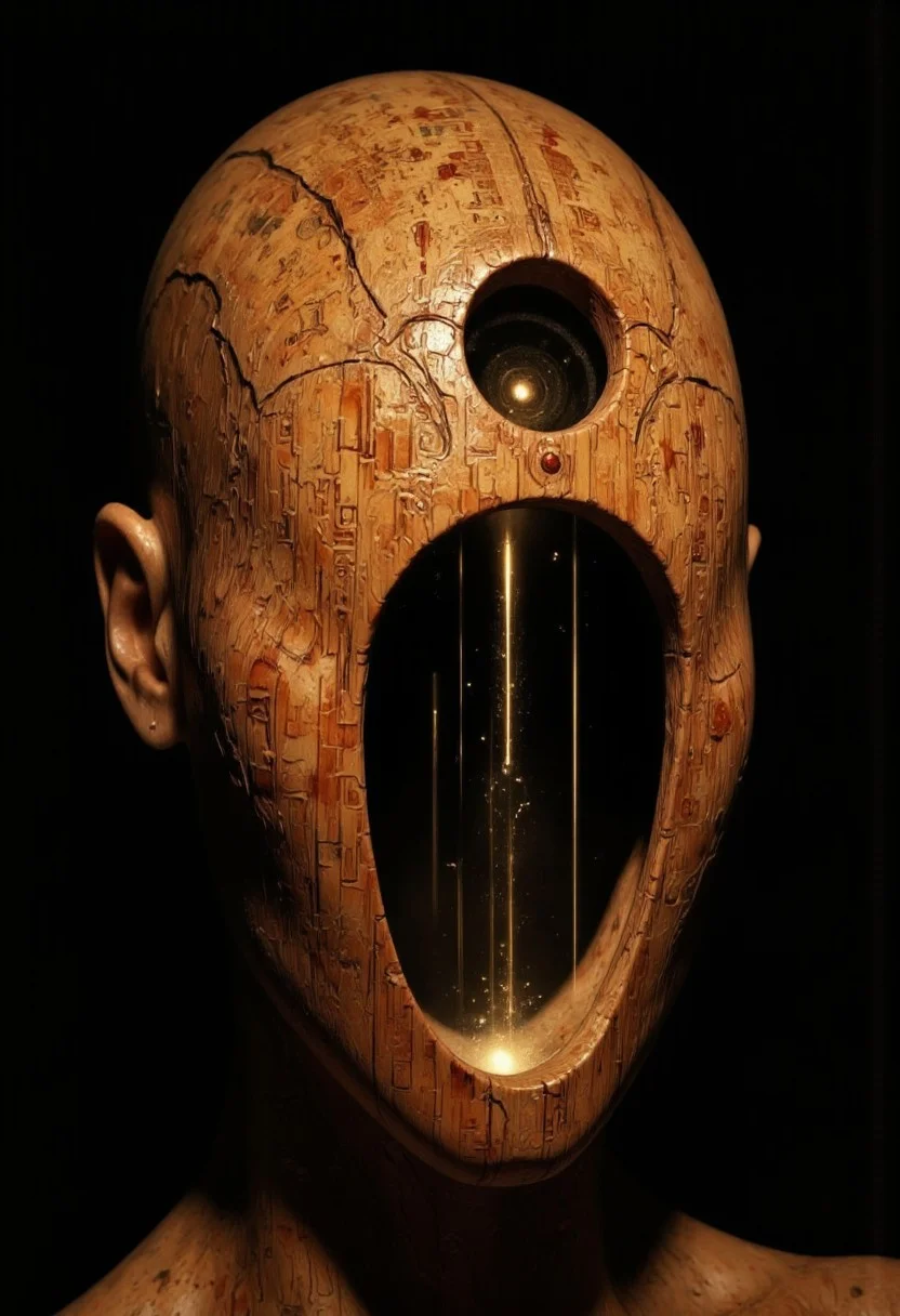 An ultra close-up portrait of an Ancient Egyptian deity, showing just over half of the face, framed asymmetrically from the left. The head is tilted slightly upward, creating an intimate, mystical perspective. The head is a hollow, featureless piece of carved wood, shaped into a smooth, rounded form without facial features. Only the left half of the wooden head is visible, showing the rich texture of polished wood with faint carved patterns resembling ancient hieroglyphs. In the center of the forehead, there is a prominent Eye of Ra-shaped cutout, its edges smooth and precise, symbolizing divine vision and protection. The void is hollow and dark, but a dim golden light glows softly within, casting narrow rays through the Eye of Ra-shaped cutout. The light is subtle and ethereal, giving the void a divine, mystical aura. The wooden surface is smooth and polished, reflecting the soft golden light faintly. The Eye of Ra-shaped void draws the viewer’s gaze into the empty darkness within, symbolizing divine knowledge and cosmic vision. The background is shadowy and minimal, fading into darkness, ensuring the focus remains on the wooden head and the dim golden light. The contrast between the ancient, divine symbol and the modern, surreal void creates a haunting narrative of spiritual power and divine emptiness.