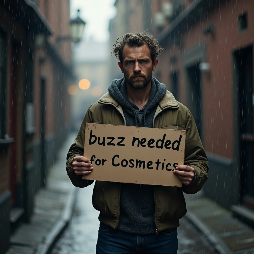 "buzz needed for cosmetics" on a sign held by a sad man in an alley with saggy clothes it is raining and looking at the viewer