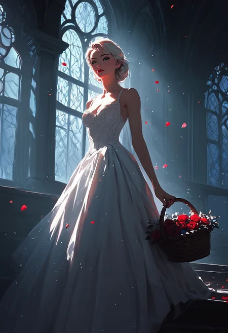 **Masterpiece, score_9, score_8_up, score_7_up, hyper-detailed, 8K, digital photo, haunting zero-gravity scene, dimly lit space capsule interior, lifeless woman drifting weightlessly, ethereal presence, flowing white gown with intricate frills and fringes, delicate fabric moving in slow motion, hair suspended in air like ink in water, scattered floating objects, crimson rose petals, aged papers, open books, gliding pen, silk scarf unraveling mid-air, fruit basket in slow spin, eerie stillness, flickering cabin lights casting fragmented shadows, deep black void outside window, cold metallic walls reflecting ambient glow, console screen emitting soft cyan hue, subtle fog effect enhancing the dreamlike atmosphere, cinematic lighting, hyper-real textures, melancholic isolation, sci-fi surrealism, weightless beauty, frozen moment in time.**serenity, sophistication, HD, ultra-detailed, masterpiece artwork, sinozick style, flat color, dark theme, 1g0r, Expressiveh, g4n1m3, comicbookpage style, 1girl, adult, solo, score_9, score_8_up, score_7_up