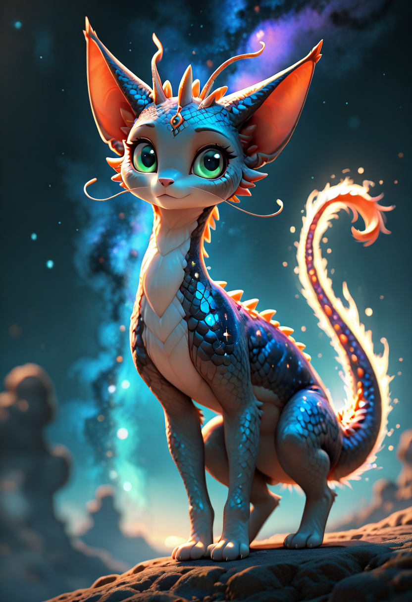 masterpiece, best quality, 1girl, solo, eyelashes, (beautiful eyes),    DracoCat, floating in a starry sky, green eyes shimmering, weightless, tail flowing, full body, glowing aura, deep space background, nebula clouds, cosmic dust, magical lighting, soft glow, depth of field, blurry background   ,<lora:DracoCatIXL:1.0>,