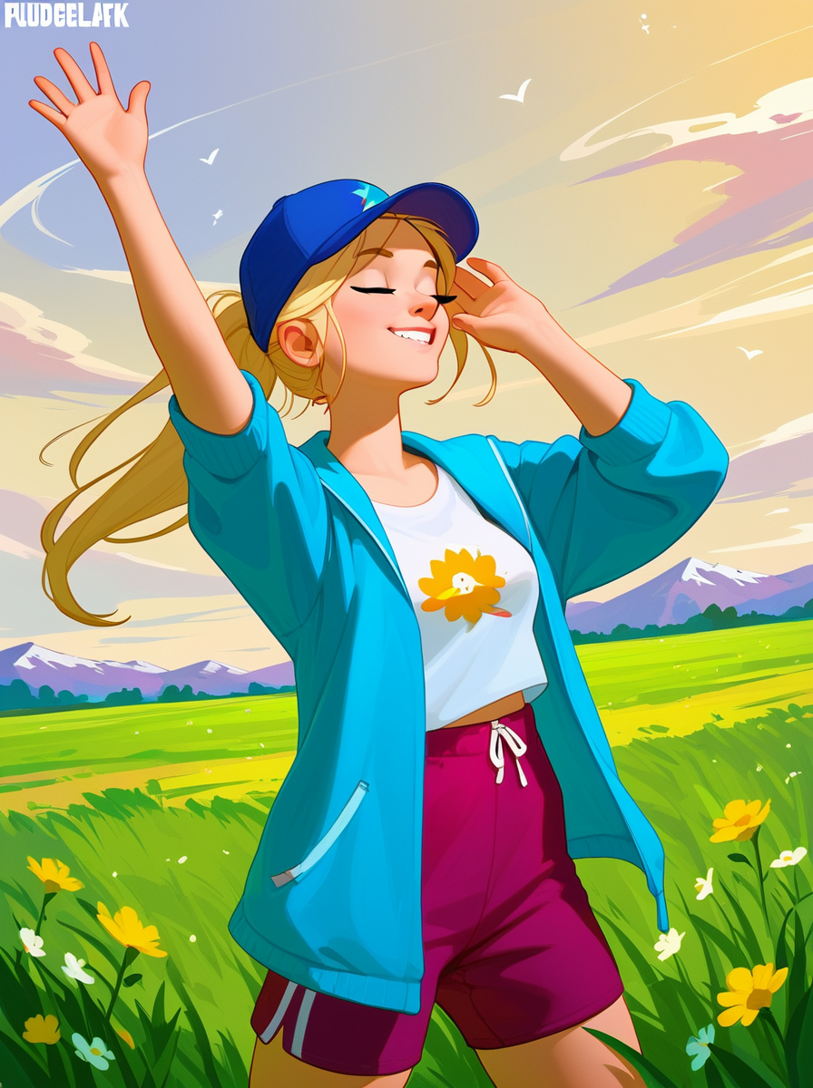 score_9, score_8_up, score_7_up, PDXL, <lora:PudgeRuffianV1:1.2>, pudgeruffian, 
1girl, cute face, closed eyes, long blonde hair, average breasts, standing in the middle of a grassy field, hair waving in the wind, stretching BREAK mountains in the background