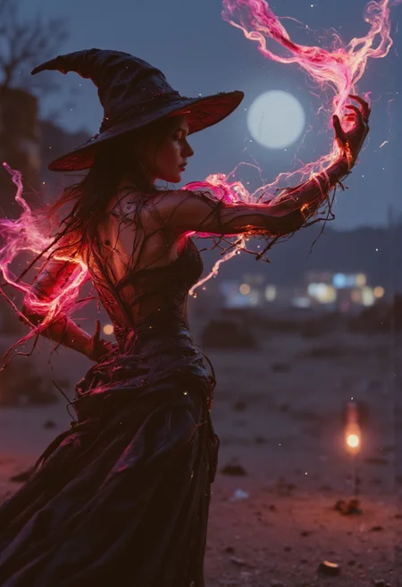 Vibrant Colorful Realistic analog photo, very detailed, hyper detailed, photorealistic, hyperdetailed, uhd, 4k, the focus of the image is on the witch, extreme closeup Face Portrait, extreme face closeup, head focus, Realistic analog photo, awesome, high Quality, photorealistic, atmospheric lighting, volumetric lighting, cinematic, Epic Film Quality, A buxom witch stands in the midst of a ferocious DARK sandstormamidst a Desert night, her tattered robe barely clinging to her body, revealing glimpses of her sweat-slicked skin. With one hand raised, she conjures a colossal, ancient vibrant black negativ luminous light spell from the swirling dust, its ethereal ghostly form towering above, terrifying and awe-inspiring. The hkmagic witch’s face is shrouded in the shadows of her hood, adding an air of dark mystery. The colorful Flower meadow landscape around her is cloaked in a dusty, dystopian atmosphere, with the sun obscured by the storm. The only light breaking through the chaos is the glowing dark-red aura of her powerful spell, casting an eerie illumination over the scene.