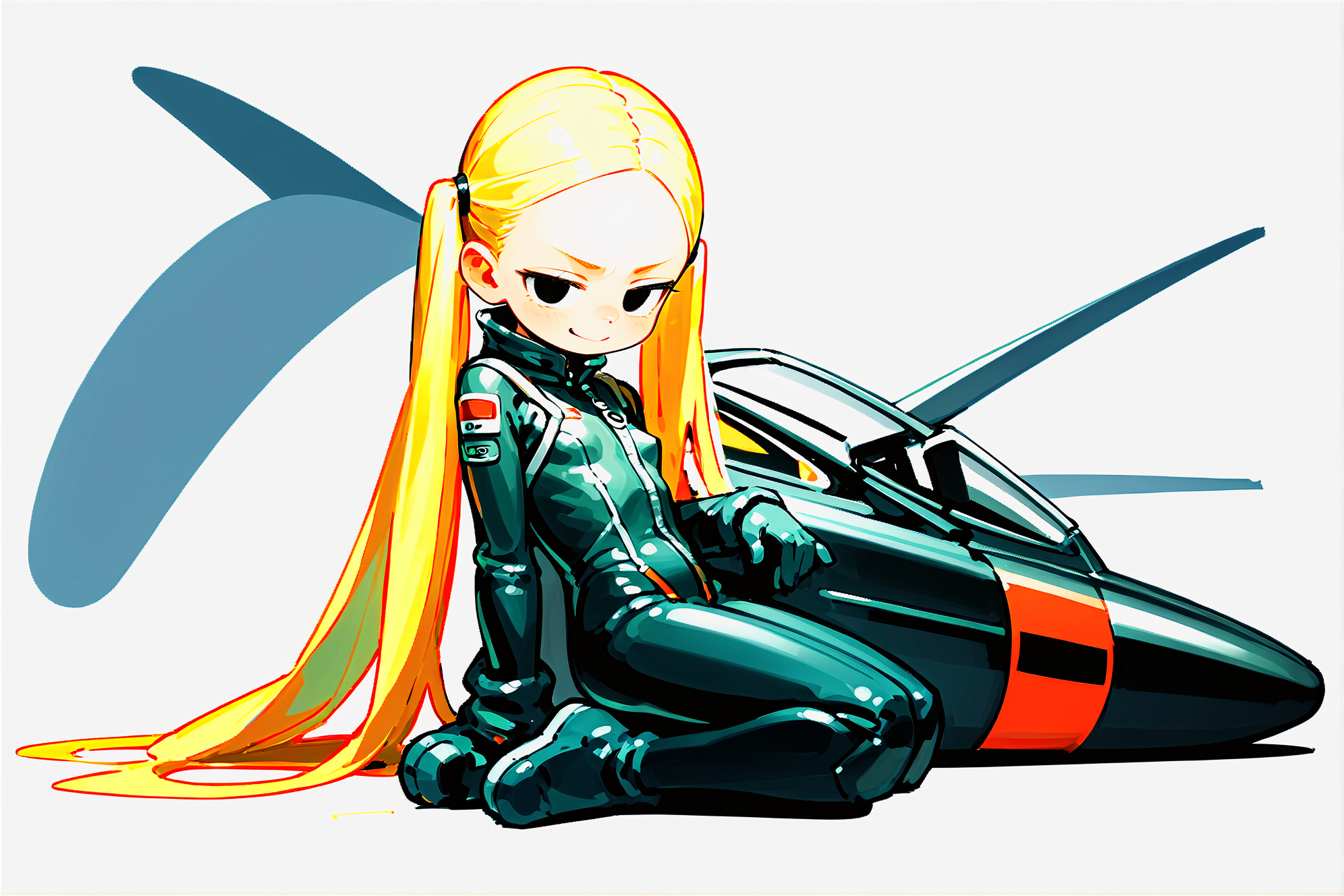score_9, score_8_up, score_8, 1girl, solo, 1girl, young girl, black eyes, blonde hair, very long hair, twin tails, forehead, pilot suit, small breasts, flat chest, xxxx, nipslip, naughty face, full body, simple background, <lora:DungeonSquadStylePony-Strong:1> ,