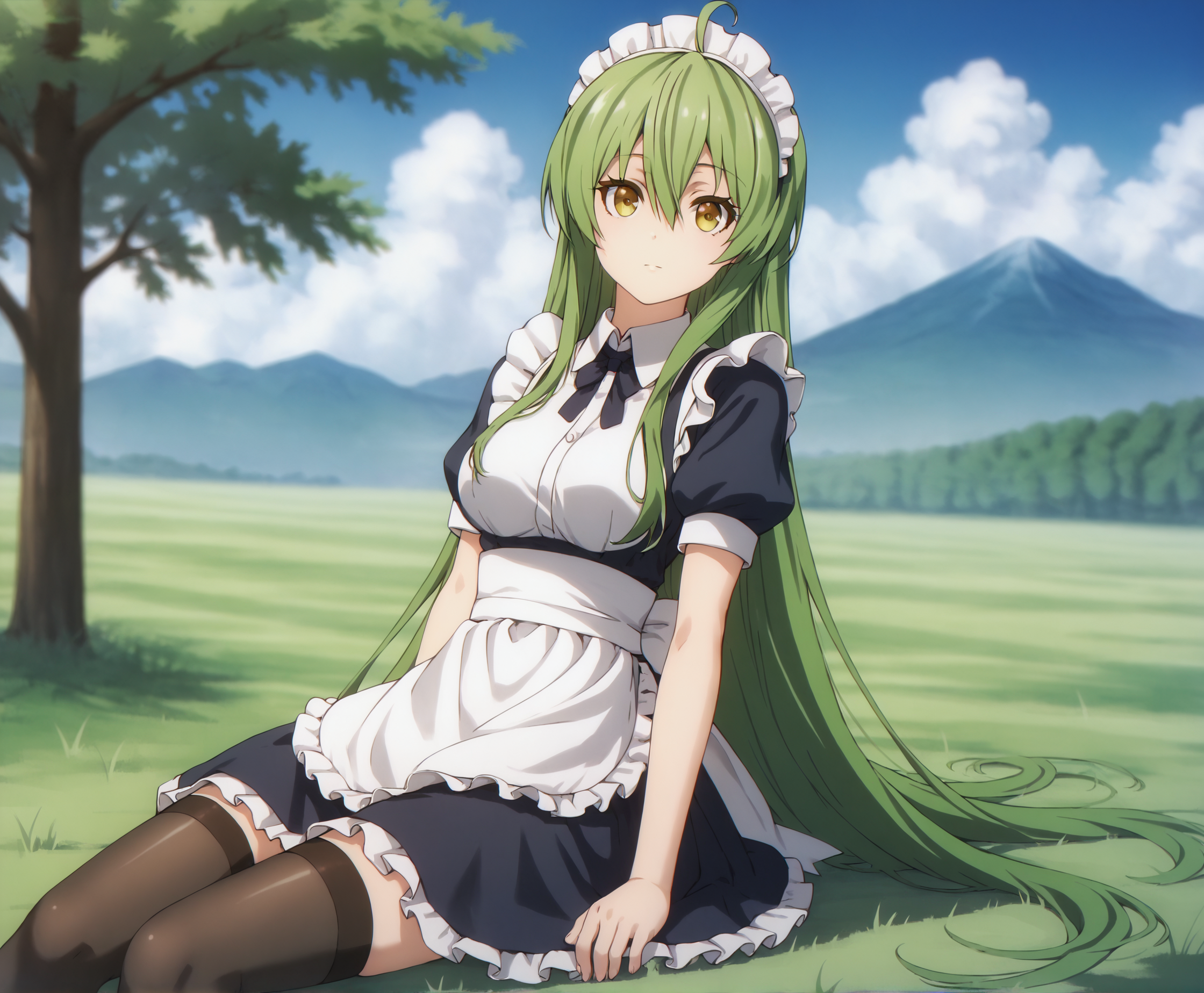 score_9, score_8_up, score_7_up, highres, hi res, best quality, masterpiece, 2d, intricate details, 4k, anime coloring, shadow, uncensored,
1girl, solo, female, long hair, hair between eyes, very long hair, yellow eyes, green hair, ahoge, 
maid headdress, maid, maid apron, frills, frilled dress, frilled skirt, frilled sleeves, black dress, stocking, thighhighs, 
upper body, portrait, looking at viewer, sitting, 
outdoors, on grass, grass, field, depth of field, horizon, field, blue sky, cloudy sky, mountains, forests, tree, <lora:Satori_Tamaba1024_Pony:1>, busou shoujo machiavellism, tamaba satori,