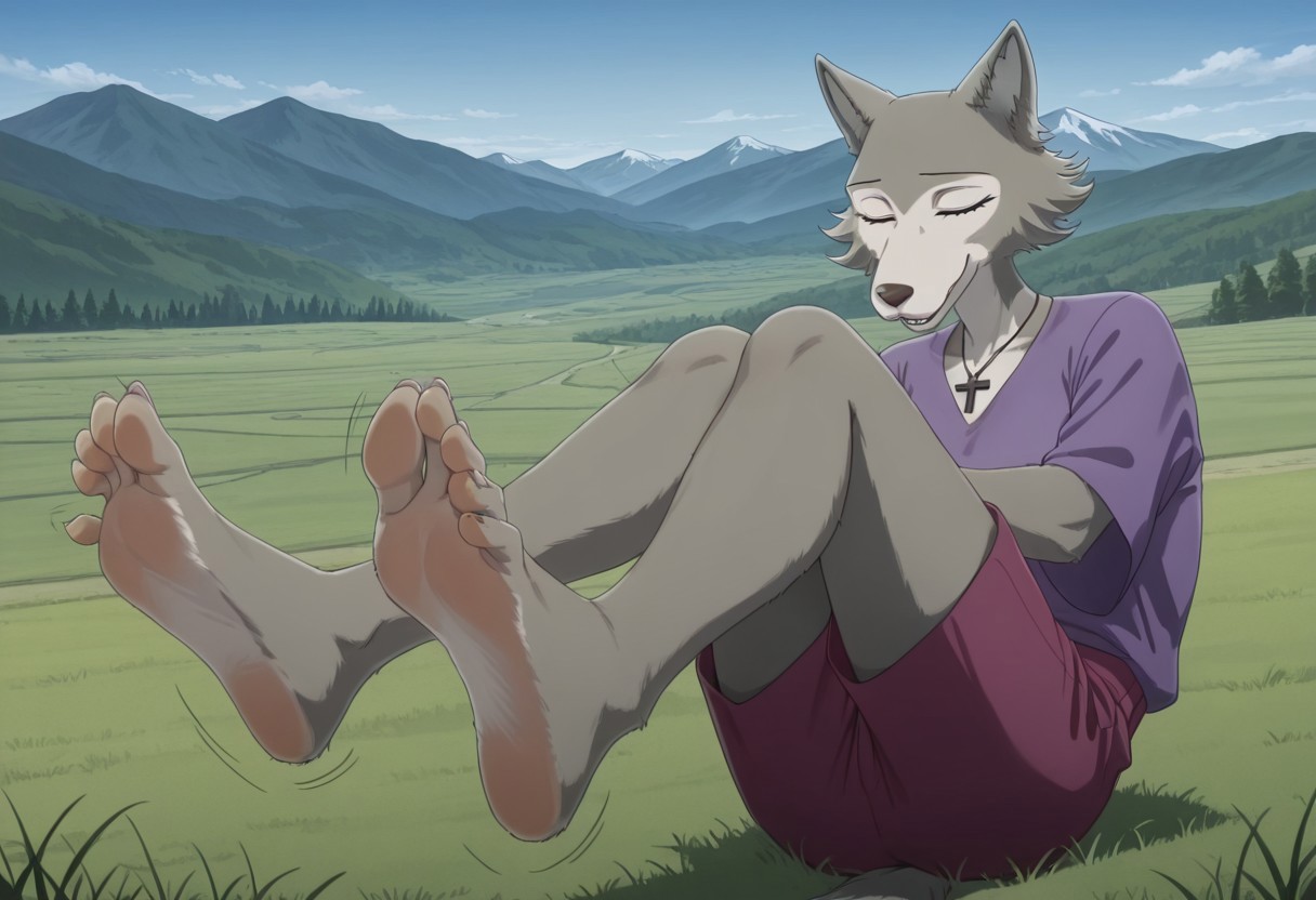 masterpiece, best quality, amazing quality, very aesthetic, absurdness, newest, high quality, detailed, <lora:Leano_Beastars_Illustrious_8BitGhost_[Commissioned-by-me-2]:1>, Leano, 1girl, mature female, female, anthro, grey wolf, animal ears, brown eyes, grey fur, light underbelly, purple shorts, purple beach shirt, barefoot, feet, looking at feet and toes, laying down on chest on grass at mountain fields, mountain landscape and scenery, laying down on chest, grabbing toes on one foot, holding big toes, one hand on one foot and toes, holding the toes on one foot, humanoid wolf feet, five toes, detailed five toes, soles, grey soles, feet tease, foot fetish, soles, humanoid wolf feet, highly detailed feet, detailed toenails, five toes, curled toes, toes crunched up, big toes spreading, one hand holding one foot and toes, soles, detailed soles, mildly wrinkled soles, five toes, feet tease, toes spread, toes wiggle, toe tease, detailed humanoid fox feet, Christian Cross around neck, Crucifix around neck, full body, outdoors, Mountains, trees, on top of a mountain hill, beautiful mountain landscapes and lovely scenery, sunny, big smile, closed eyes,