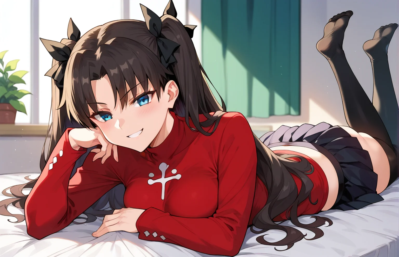 <lora:TruckKun_Style_Lora_V2:0.6>, score_9, score_8_up, score_7_up, tohsaka_rin, fate_(series), 1girl, blue_eyes, black_hair, red turtleneck, long sleeves, pleated skirt, black skirt, black thighhighs, smug expression, smile, looking at viewer, full body shot, on stomach, legs up, indoors
