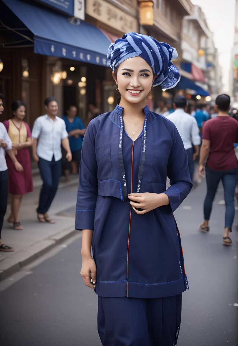 cinematic film still Full body shot,photo of a 19 year old asian woman, standing on a busy street in city, navy blue paoh traditional dress, turban, rokiah dress, highly detailed skin with hair, perfectsmile smile,fit,abs,bright light,hard shadows
, shallow depth of field, highly detailed, cinemascope, moody, epic, gorgeous, <lora:rokiah_dress-000008:1>