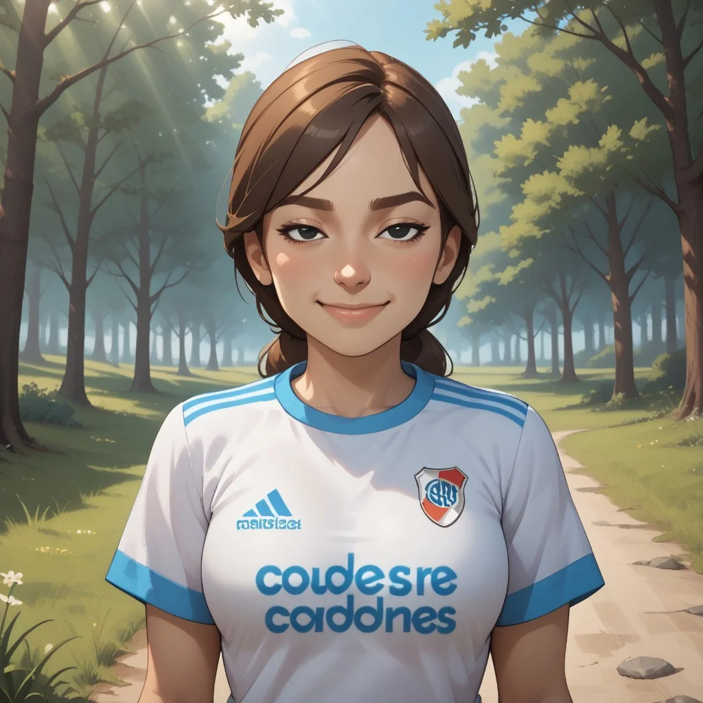 score_9, score_8, BREAK, solo, mii, wii, wii sports resort, female mii, 1girl, cute, brown hair, brown eyebrows, rectangle eyebrows, black eyes, sleepy eyes, half circle eyes, small nose, blush, :I, Hiromi_(\Wii_Sports_Resort\), medium breasts, Nintendo Mii, modern_mii, classic_mii, RiverPlate, striped shirt, striped, shirt, white shirt, short sleeves, clothes writing, sportswear, soccer uniform, sexy pose, self portrait, smile, outdoors, sunlight, shadows, evening lighting, natural lighting, forest, trees, grass, orange sky, sunset