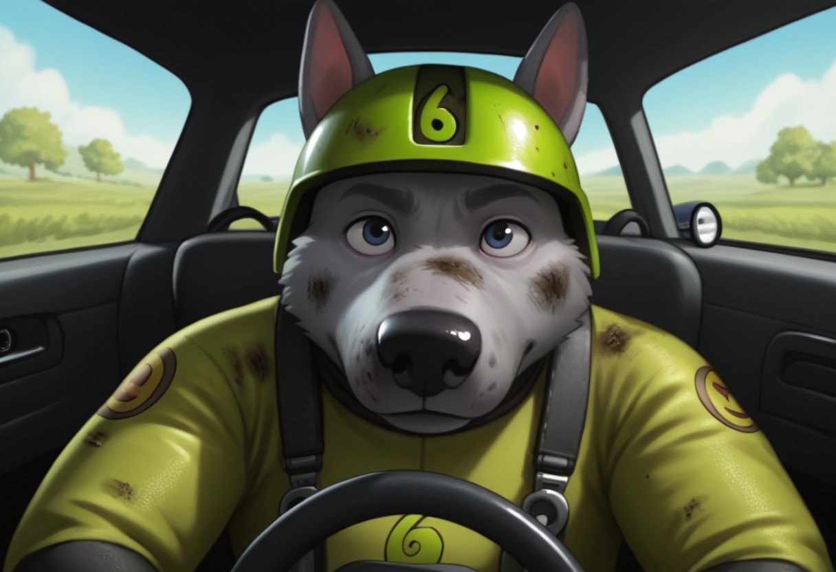 score_9, score_8_up, score_7_up, score_6_up, score_5_up, score_4_up, source_furry
anthro, ((1boy, solo)), Stinkbert, grey fur, big nose, terrier, dog, bodysuit, dirty fur, helmet
BREAK
detailed background, inside of a car, driving, dramatic scene, hands on steering wheel,