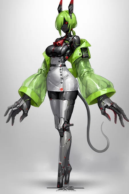 score_9, score_8_up, score_7_up, score_6_up, score_5_up, score_4_up, BREAK, source_anime, solo, 1girl, rating_safe, ((mature female)), ((long green flowing hair)), mechanical parts, (big backwards folded mechanical rabbit ears), mature female, (bunny ears), (animal ears), subdermal port, ((milf, mature female, big breasts)), hexagon lines in skin, naval uniform overcoat, naval uniform, white military uniform, dress_uniform, ribbons, ((red eyes)), bunny tail, rabbit tail, aiguillette, ((green hair)), ascot, ((Ground level (from the side) view Extreme Close shot)), latex pilot suit, shoulder cutout, bunny rabbit Tail, ((hair over one eye, )), digitigrade, clawed feet, minimal clothes, ((metal skin, shiny skin, vampire aesthetic, digital eyes, filled eyes, monochromatic eyes, glowing eyes, colored sclera, red sclera, mechanical eyes, partially shaded face, )), <lora:ECHANIS:1>, <lora:Borg Assimilation:0.8> BORG (RACE), BORG <MAN/WOMAN>, BROG QUEEN (STAR TREK)