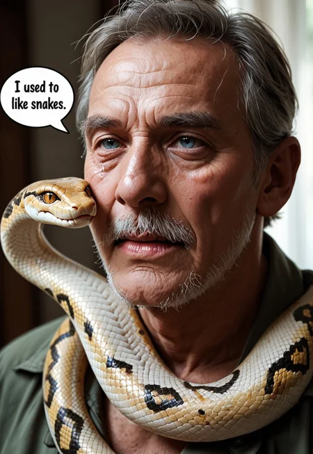 score_9, score_8_up, score_7_up, realistic, an old man crying, speech bubble:"I used to like snakes", snake_hybrid