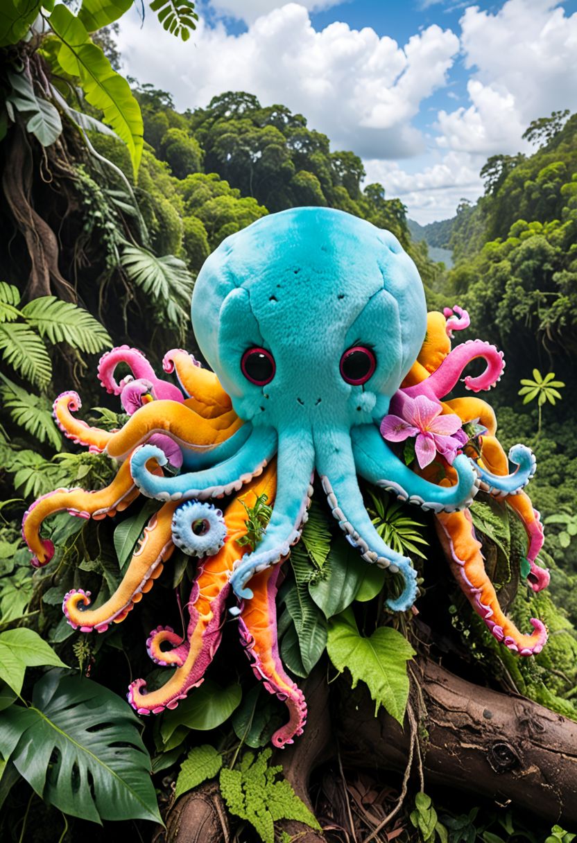 stuffed animal, cute colourful octopus, in the jungle, on the roots under giant three, deep into amazon forest, amazing scene, breathtaking image, little clouds, plushify