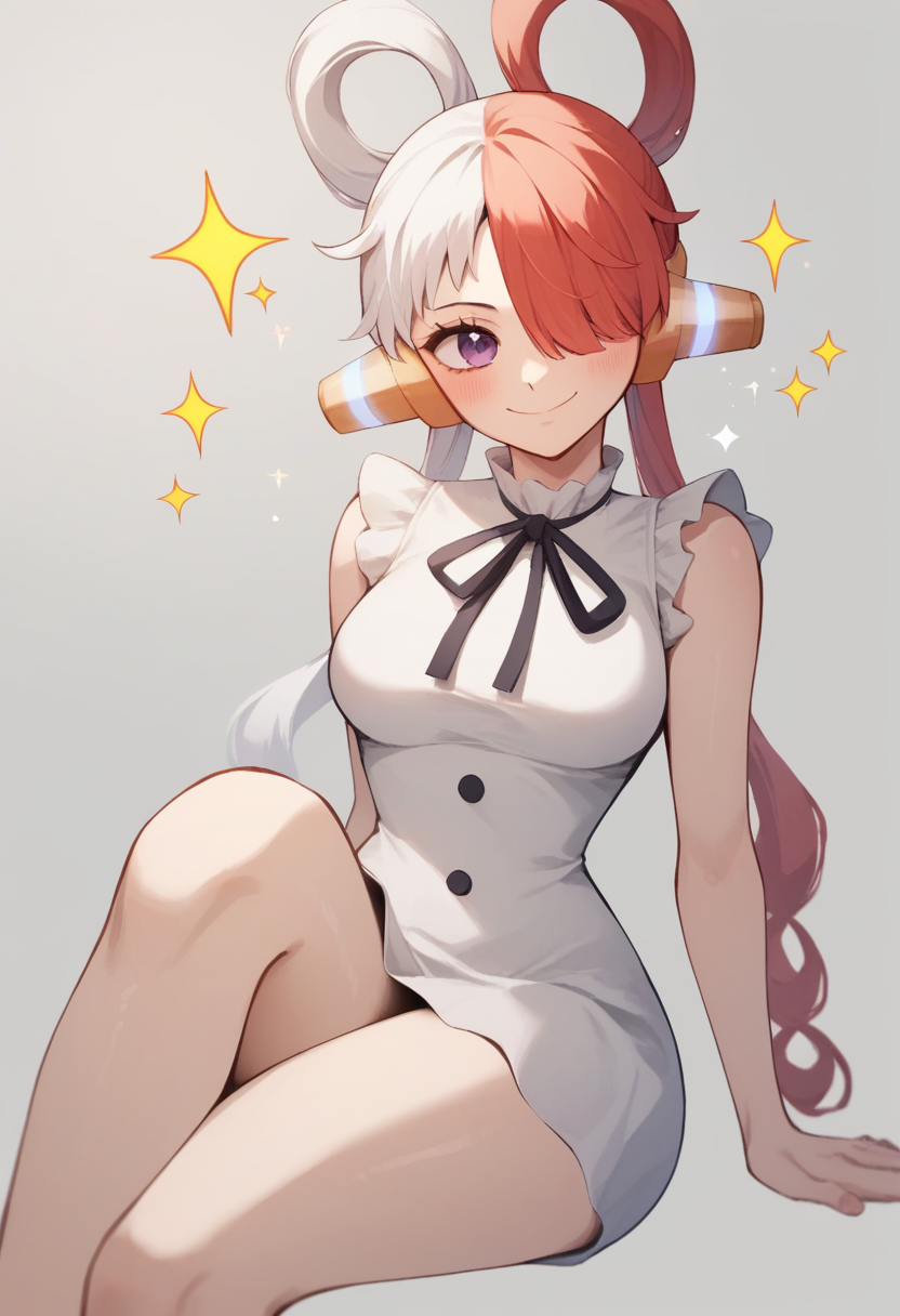 score_9,score_8_up,score_7_up,<lora:uta_(one_piece):1>,1girl, absurdres, bare_legs, blush, closed_mouth, hair_over_one_eye, highres, medium_breasts, one-eyed, purple_eyes, self-upload, simple_background, skirt, smile, solo, sparkle, split-color_hair, two-tone_hair, uta_\(one_piece\), white_hair