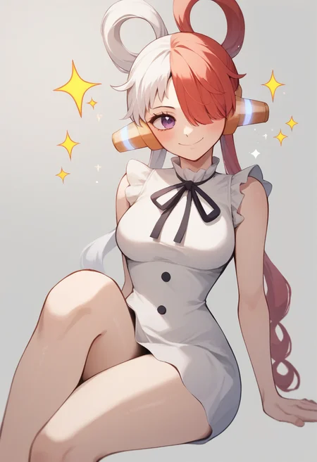 score_9,score_8_up,score_7_up,<lora:uta_(one_piece):1>,1girl, absurdres, bare_legs, blush, closed_mouth, hair_over_one_eye, highres, medium_breasts, one-eyed, purple_eyes, self-upload, simple_background, skirt, smile, solo, sparkle, split-color_hair, two-tone_hair, uta_\(one_piece\), white_hair