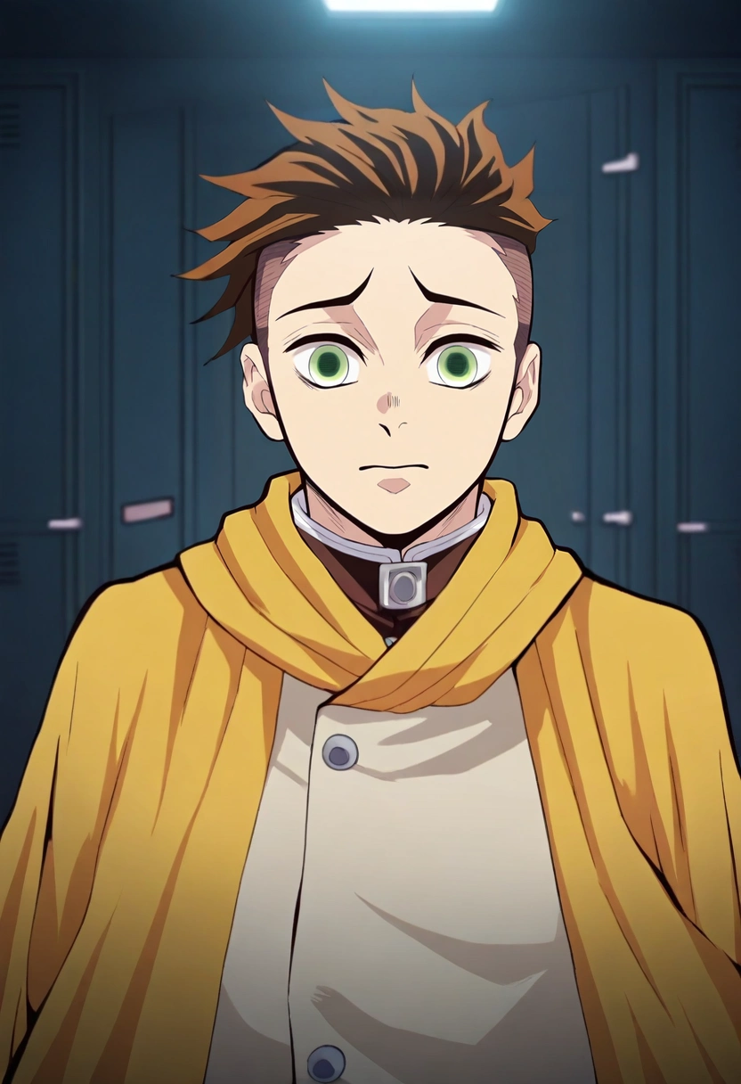 masterpiece, best quality, , intricate details, looking at viewer, , 1boy, male focus, green eyes, brown hair, undercut, ,, solo, storm sanctuary, lightning shields, weather domes, safe rooms, sheltering pose, relieved expression, stormy, <lora:kimetsu_no_yaiba_style_ilxl:0.94>, kimetsu_no_yaiba_style,