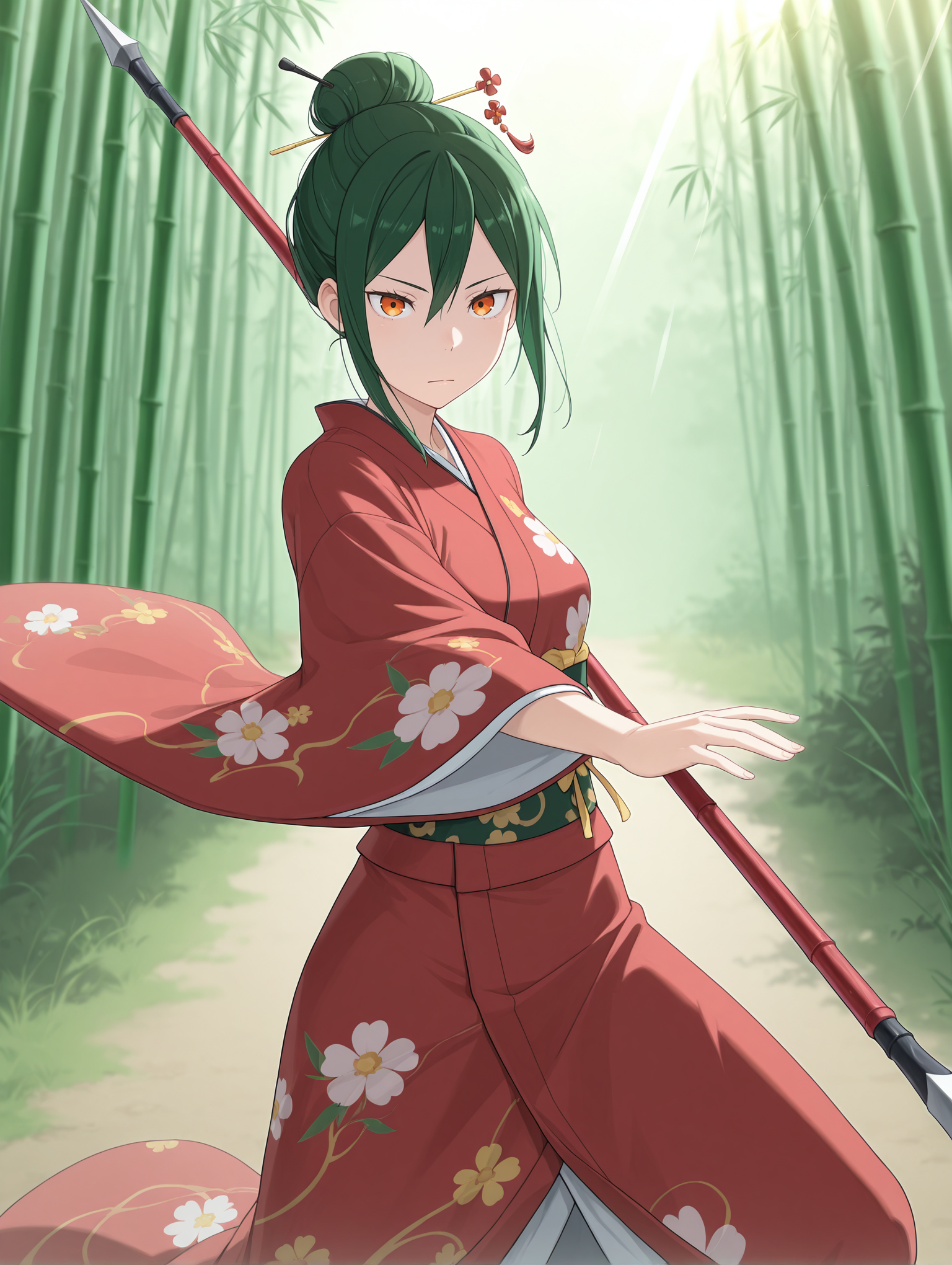 <lora:Crusch Karsten Illu:1>1girl, solo,
cruschk4rsten, un1form, 1girl, bamboo forest, green hair, japanese clothes, red kimono, nature, hair ornament, outdoors, hair stick, looking at viewer, floral print, single hair bun, orange eyes, hair between eyes, wide sleeves, flower, closed mouth, hairpin, grass, sidelocks, long sleeves, print kimono, blurry background, sunrays, sunlight, stern, fighting stance, holding polearm,, masterpiece, best quality, amazing quality