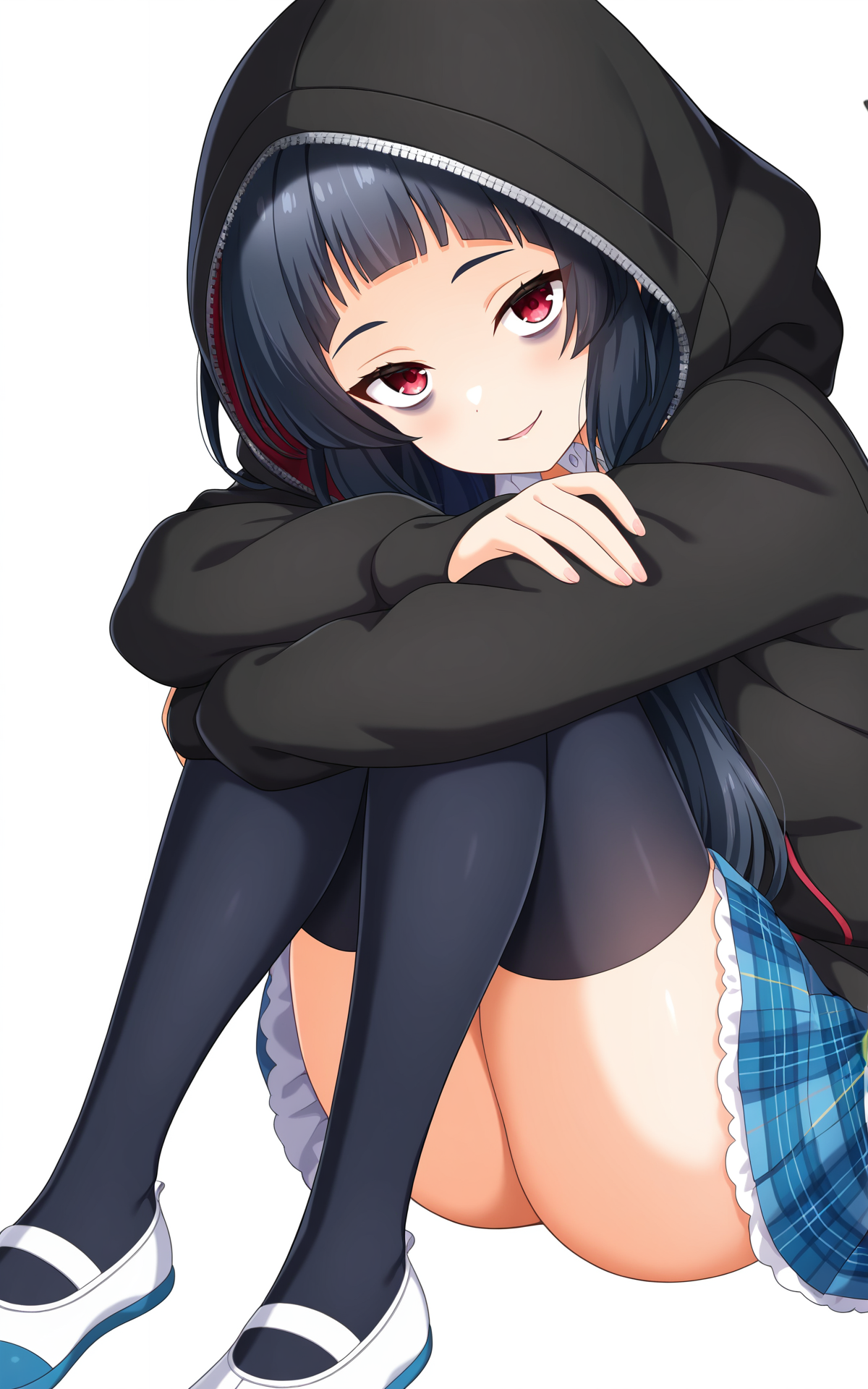 masterpiece, best quality, good quality, newest,4k, perfect lighting, cinematic, very aesthetic, official art, anime screencap, anime coloring,(((white background,simple background))),
1girl,solo,kurokawa nagiko,black hair,long hair,bangs,red eyes,bags under eyes,seio school uniform,black hoodie,zipper,blue skirt,plaid skirt,pleated skirt,miniskirt,black thighhighs,blue uwabaki,head wearing hoodie,
sitting,hugging own legs,looking at viewer,seductive smile,BREAK
<lora:ILnagiko:0.8>