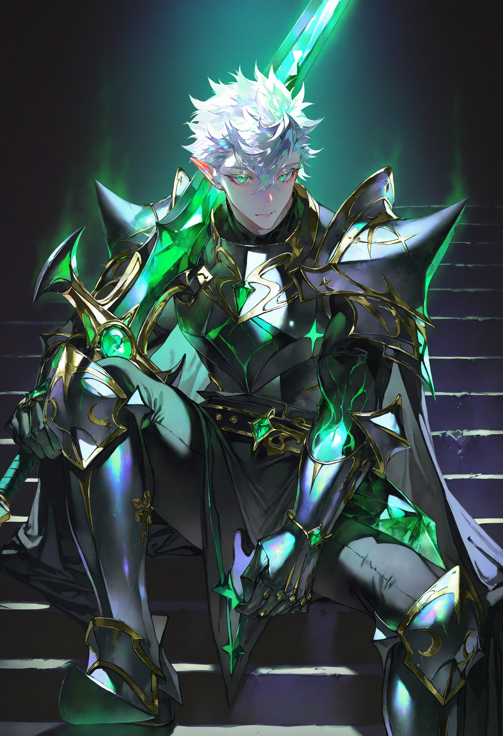 artist:[diyokama|yoneyama mai|lam \(ramdayo\)|quasarcake],
1boy, knight, muscular, pointy ears, [pearl:emerald:0.5], on stairs, sword, dazzling, armored dress, shoulder armor, white hair,
[|green gemstone:10], bright inner glow, iridescent, ultraviolet light,
masterpiece, best quality, very awa, absurdres
<lora:noobai_vpred_1_green_emerald_v1:1>
