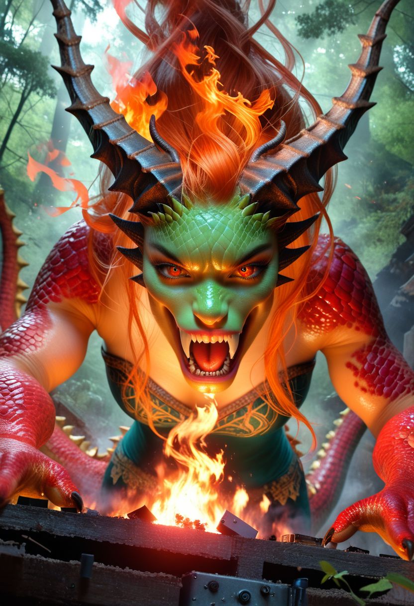 realistic, photographic, real life, analog style, raw photo, masterpiece, best quality, (highly detailed skin), wide shot, from above eyes view, (a monster girl, fire dragon girl), fire eyes, hair in fire, fire aura, dragon horns, dragon tail, scales, conjuring a vortex, forest in fire, destruction, scenery, cinematic lighting, volumetric lighting