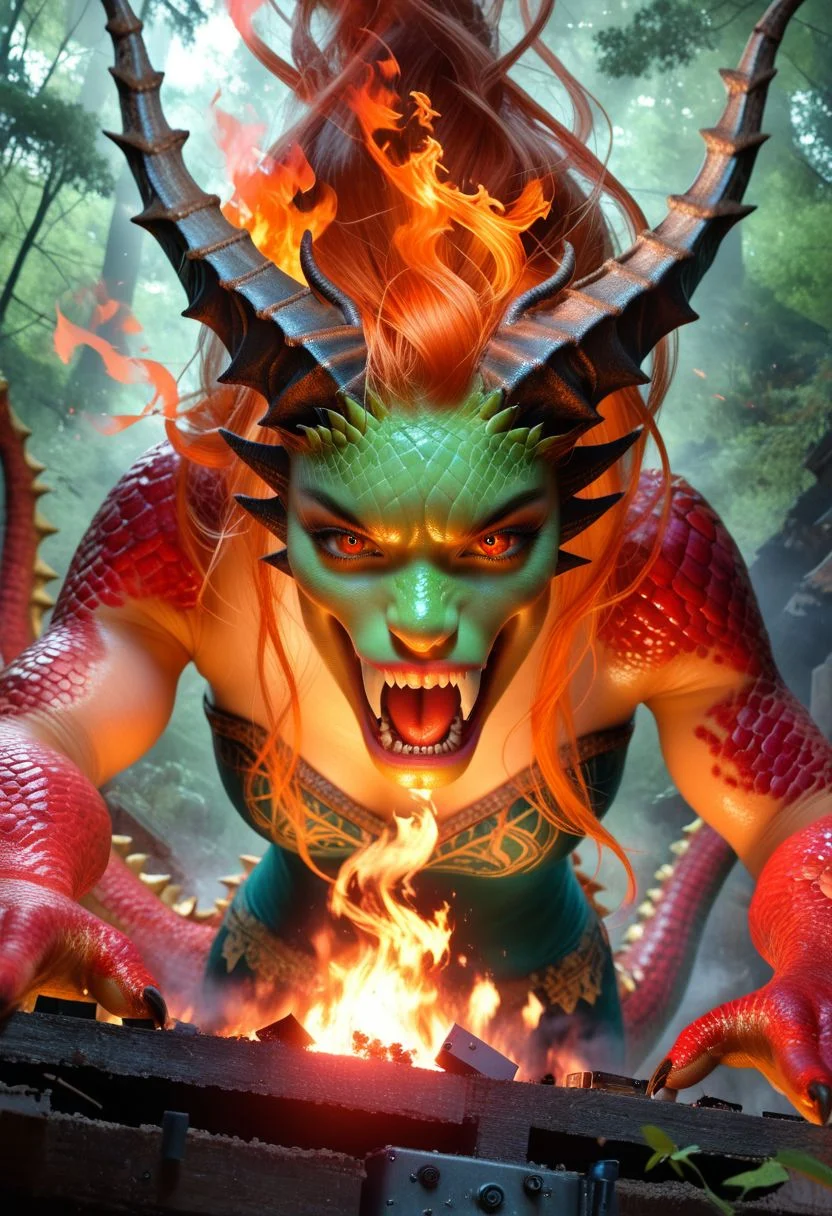 realistic, photographic, real life, analog style, raw photo, masterpiece, best quality, (highly detailed skin), wide shot, from above eyes view, (a monster girl, fire dragon girl), fire eyes, hair in fire, fire aura, dragon horns, dragon tail, scales, conjuring a vortex, forest in fire, destruction, scenery, cinematic lighting, volumetric lighting