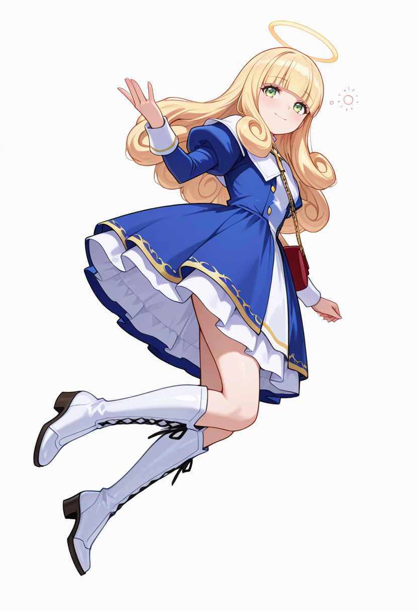 Smooth Quality,masterpiece,very intricate, high quality details, ultra realistic, high detailed skin,detailed enviorement,absurdres,
open hand,
 <lora:Poporon_CNR:0.8> poporon_cnr, 1girl, blonde hair, long hair,blunt bangs, green eyes, poporon_cnr_def, blue dress, long sleeves, puffy sleeves,cross,handbag, knee boots, halo,curly hair,, drunk,, simple background, white background, sideways,solo,