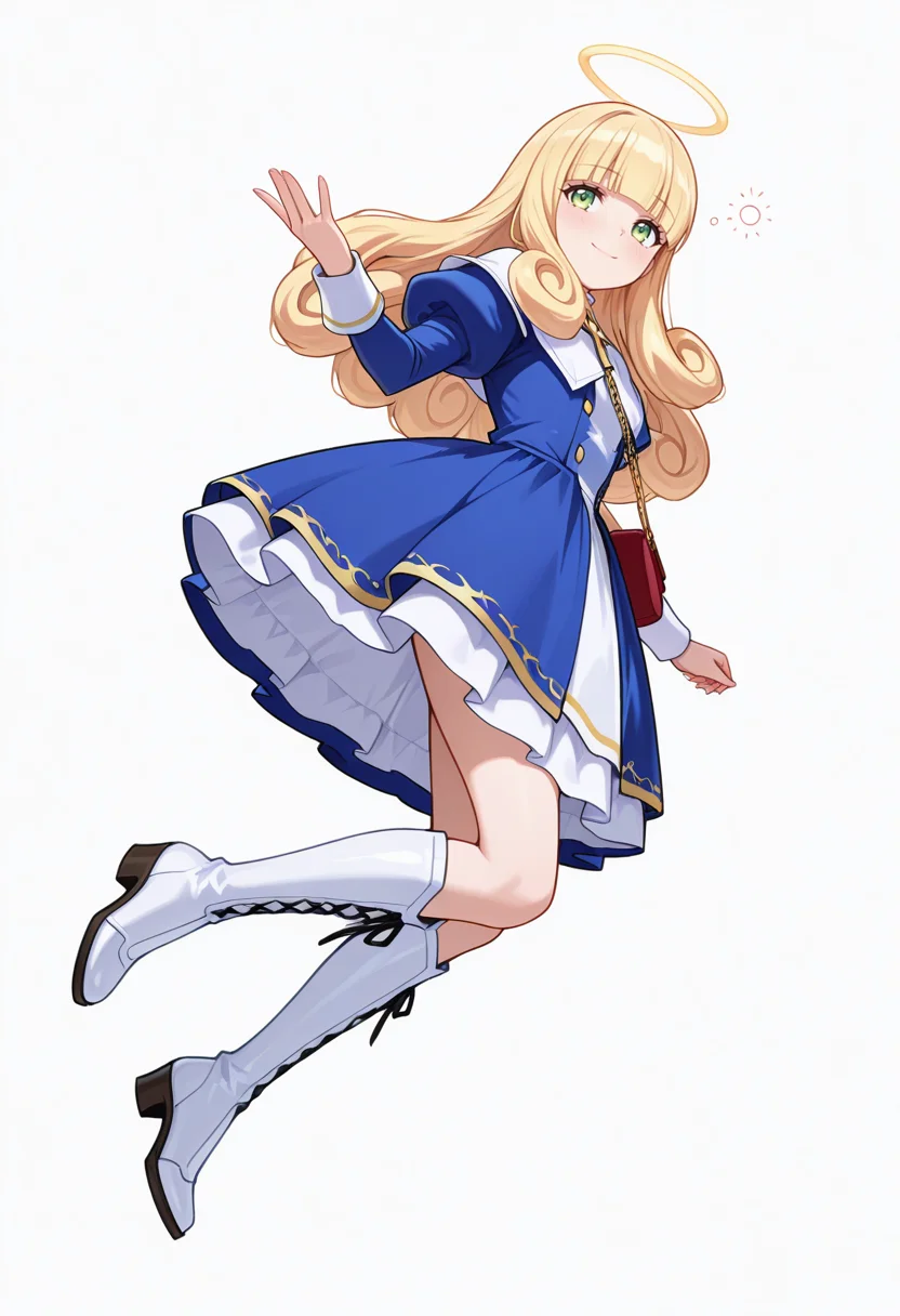 Smooth Quality,masterpiece,very intricate, high quality details, ultra realistic, high detailed skin,detailed enviorement,absurdres,
open hand,
<lora:Poporon_CNR:0.8> poporon_cnr, 1girl, blonde hair, long hair,blunt bangs, green eyes, poporon_cnr_def, blue dress, long sleeves, puffy sleeves,cross,handbag, knee boots, halo,curly hair,, drunk,, simple background, white background, sideways,solo,