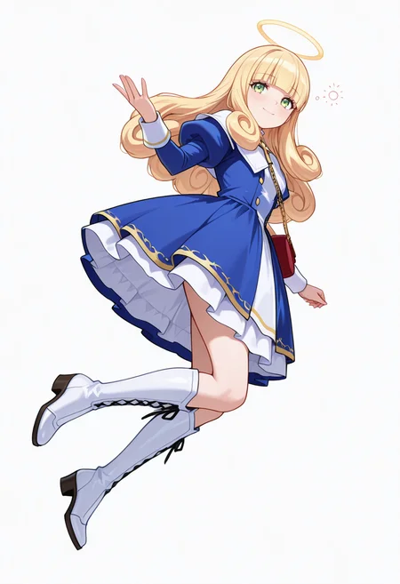 Smooth Quality,masterpiece,very intricate, high quality details, ultra realistic, high detailed skin,detailed enviorement,absurdres,
open hand,
 <lora:Poporon_CNR:0.8> poporon_cnr, 1girl, blonde hair, long hair,blunt bangs, green eyes, poporon_cnr_def, blue dress, long sleeves, puffy sleeves,cross,handbag, knee boots, halo,curly hair,, drunk,, simple background, white background, sideways,solo,