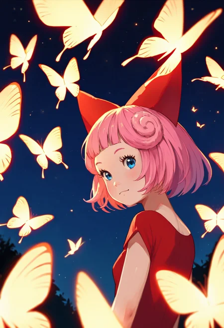 score_9, score_8_up, score_7_up, score_6_up, score_5_score_4,
BREAK <lora:alice-v1-13:1> biblioalice, 1girl, hair bow, red dress, (light_pink_hair), (young), blue eyes, looking at viewer, upper body,
BREAK ((night)), butterflies on fire, magical place,