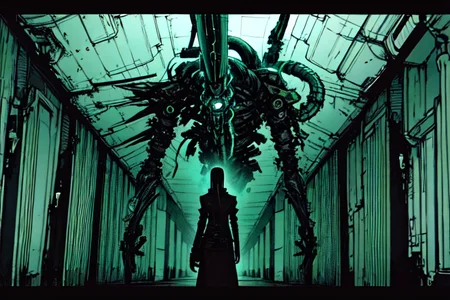 highly insanely detailed, masterpiece, top quality, best quality, highres, 4k, 8k, RAW photo, (very aesthetic, beautiful and aesthetic),
tsutomu nihei,nihei_tsutomu,blame!,blame gakuen!,abara,TNstyle,sidonia_no_kishi,(mausoleum,tunnel,deep horizon),walkway,tentacles,ventilation fan,ventilation shaft,lantern,gauna,gauna mech,letterboxed,dome,buildings,
<lora:blameLora_v10:1>,
(1girl:1.3),
solo focus,
(pure green background,transparent background:1.2),âââ