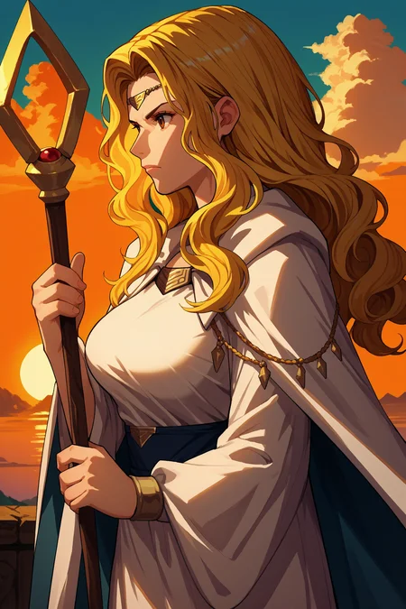 score_9, score_8_up, score_7_up, score_6_up, source_anime, 1girl, solo, <lora:feedain-pdxl-nvwls-v1-000005:1> fe4edn, blonde hair, wavy hair, long hair, brown eyes, circlet, white dress, long sleeves, cape, big breasts, profile, holding staff, serious, sunset, sky