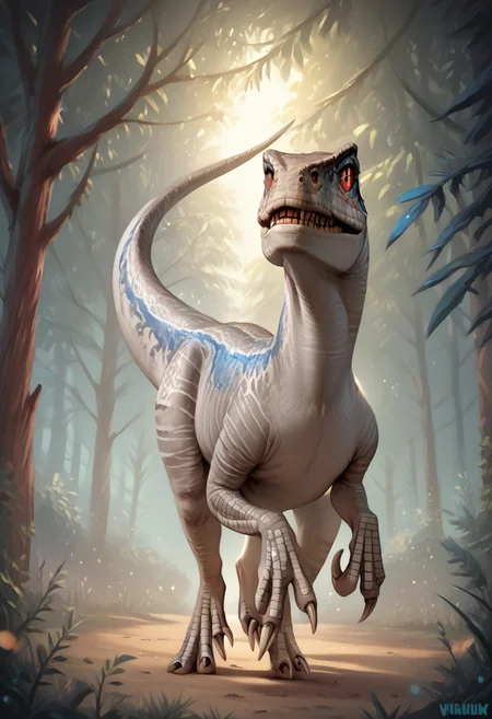<lora:ponyxl_ikiki_style_v1:1> ikiki_style, hi res,4k, realistic, porn, BREAK, <lora:Blue_Jurassic_World-000006:1> blue_(jurassic world), velociraptor, feral, standing, woods, (look back:1.3), <lora:Pony_QualityV4.0:1.12>, zPDXL2, zPDXLxxx, zPDXLrl