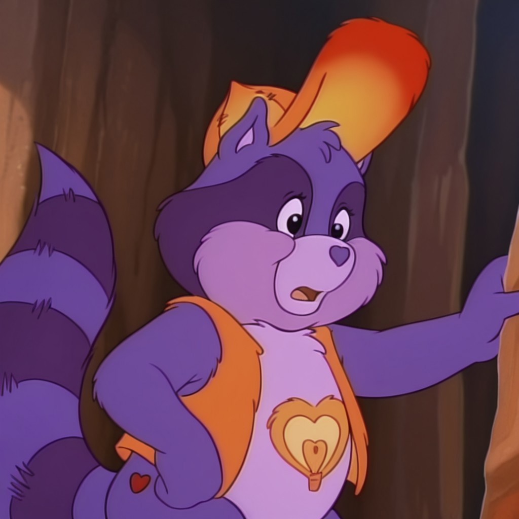 masterpiece, best quality, amazing quality,  brighthrtilv2, semi-anthro, male, raccoon_boy, purple fur, black eyes, tail, tummy symbol, orange hide vest, orange hide hat, Jurassic era jungle
