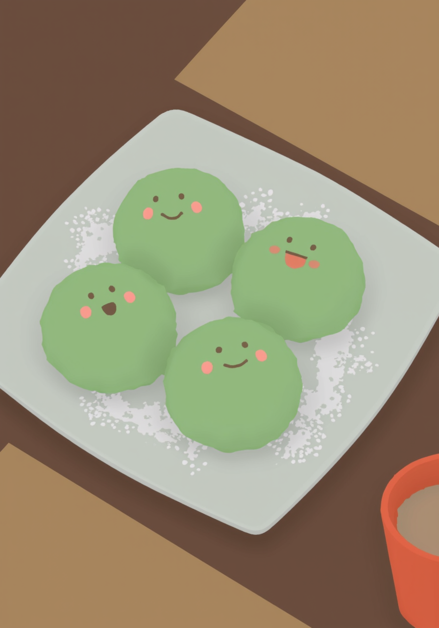 overhead perspective g00se art with smooth textureless style with muted pastel palette of, a plate of happy green mochi balls with cute simple faces, they are giggling and smiling, some are blushing, they have powdered white sugar sprinkled on them, they are on a square porcelain plate on a wooden table in a japanese restaurant<lora:g00se.safetensors:1.0:1.0>