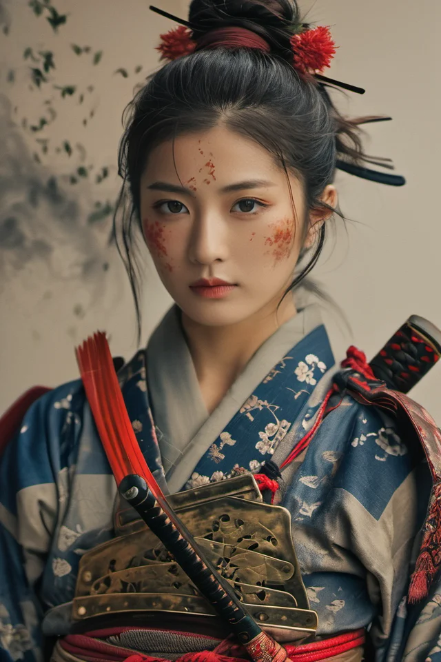 A 28-year-old girl,full body shoot,embodying the spirit of a Samurai from the Warring States Period in Japan. Brightly colored,with a backdrop of war,She wears traditional samurai armor adorned with intricate details,holding a katana with determination,The falling smoke of gunpowder,<lora:Samurai:0.8>,