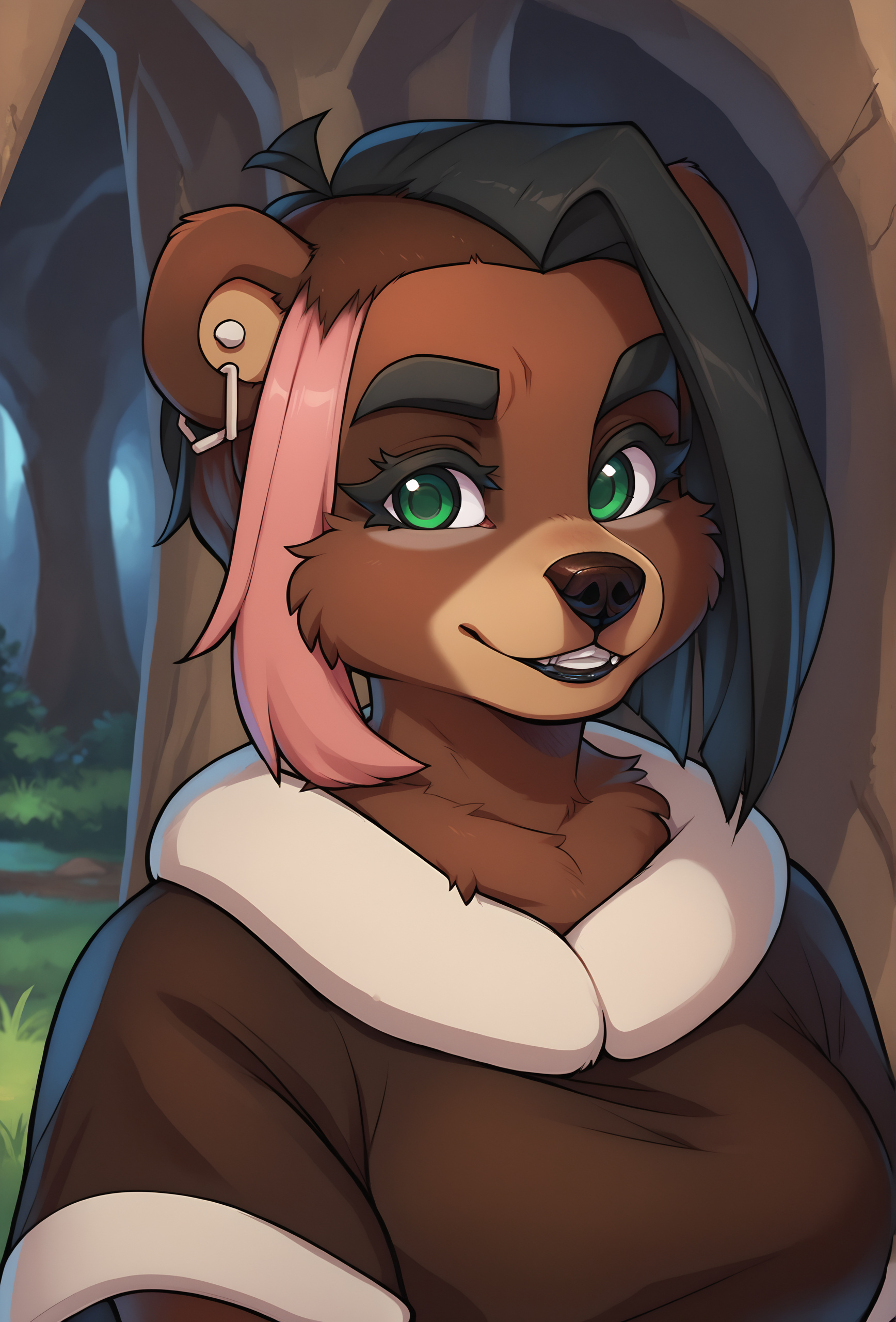 score_9, score_8_up, score_7_up, score_6_up, score_5_up, score_4_up, indoors, cave, grass,
 <lora:bailey_fluffkevlar_ponyXL_v1.1_0.99:1> fkbailey, bear girl, furry, 1girl, solo, thick eyebrows, multicolored hair, black hair, pink hair, green eyes, plump, looking at viewer, light smile, portrait, brown dress, parted lips, teeth