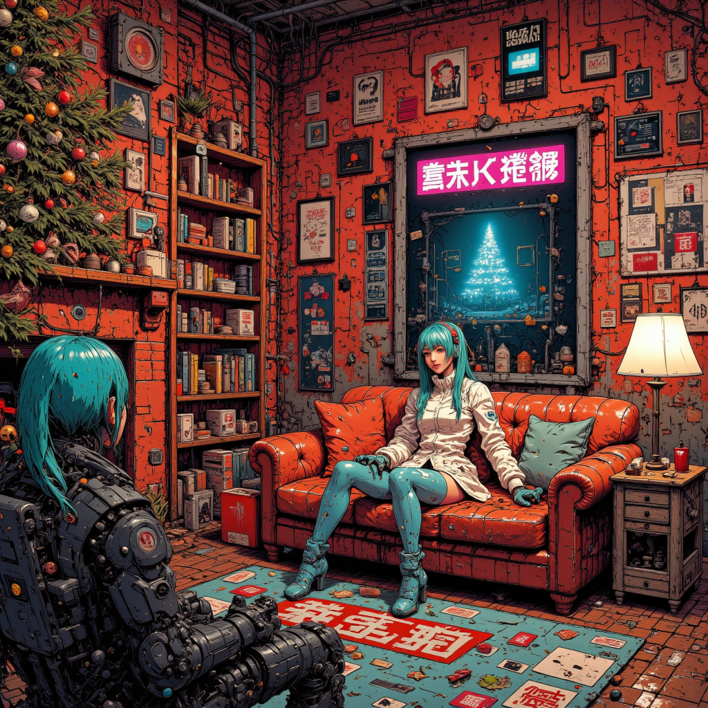 nistyle, hatsune miku as a cyberpunk cyborg girl ,  in a mechanical Christmas living room,  anime style, looking at viewer,
<lora:flux.1_lora_flyway_Epic-detail_v2:0.5>
<lora:CPA:0.7>
<lora:test2:0.7> , <lora:christmas living room-flux-lora:0.5>