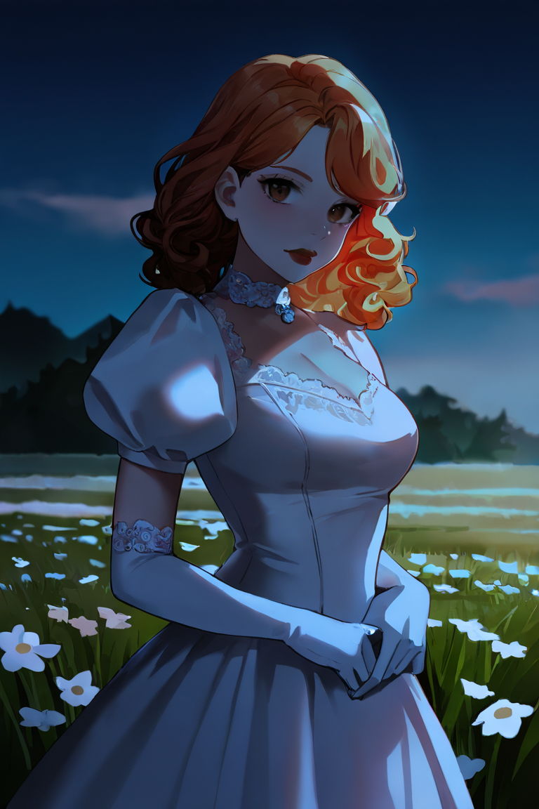 masterpiece, best quality, highres, newest, low light, dark, 1girl, solo, medium hair, curly hair, wavy hair, orange hair, swept bangs, brown eyes, lips, lipstick, looking at viewer, medium breasts, choker, medium dress, white dress, lace trim, puffy sleeves, puffy short sleeves, short sleeves, gloves, elbow gloves, white gloves, hand up, cowboy shot, closed mouth, standing, outdoors, field, flower, grass, plant, sky <lora:Ani-B - Night [LoRA] - NoobAI-XL EPS 1.0:0.8>