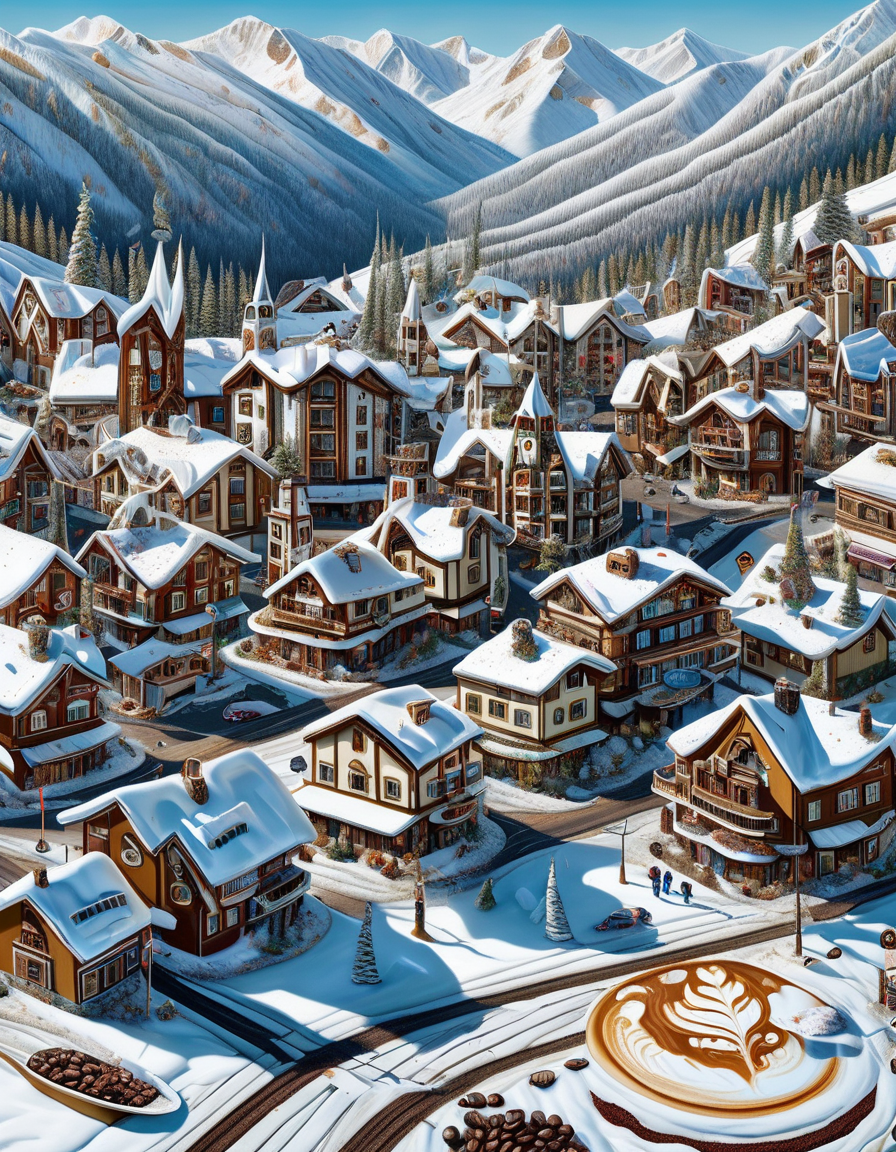 ((best quality)), ((masterpiece)), ((realistic,digital art)), (hyper detailed),DonMC0ff33Ch0c, Ski Resort Town, organic, irregular shapes , <lora:DonMC0ff33Ch0c_XL-000009:1.0>